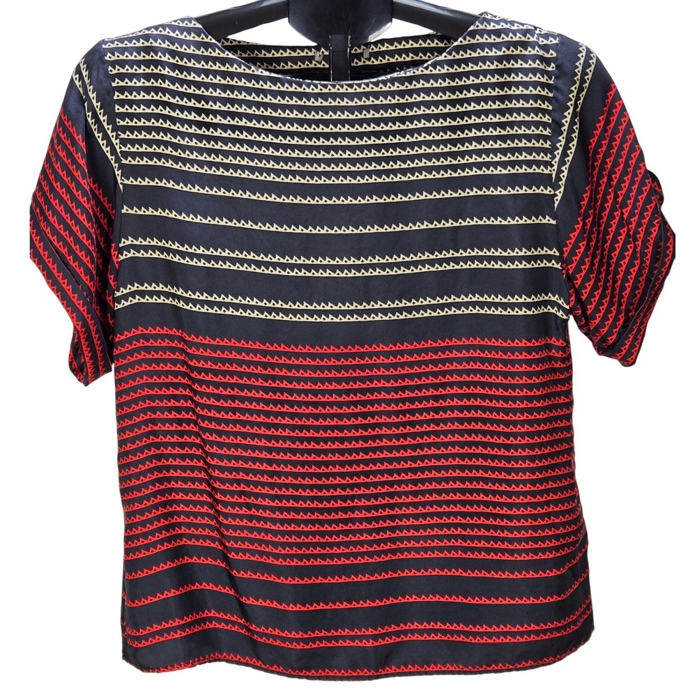 Women's Uterque Small 100% Silk‎ Geometric Boatneck Short Sleeve Blouse